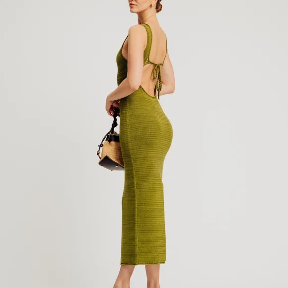 Torn By Ronny Kobo Collection Olive Marl Ribbed V-Neck Midi Dress - Picture 2 of 14